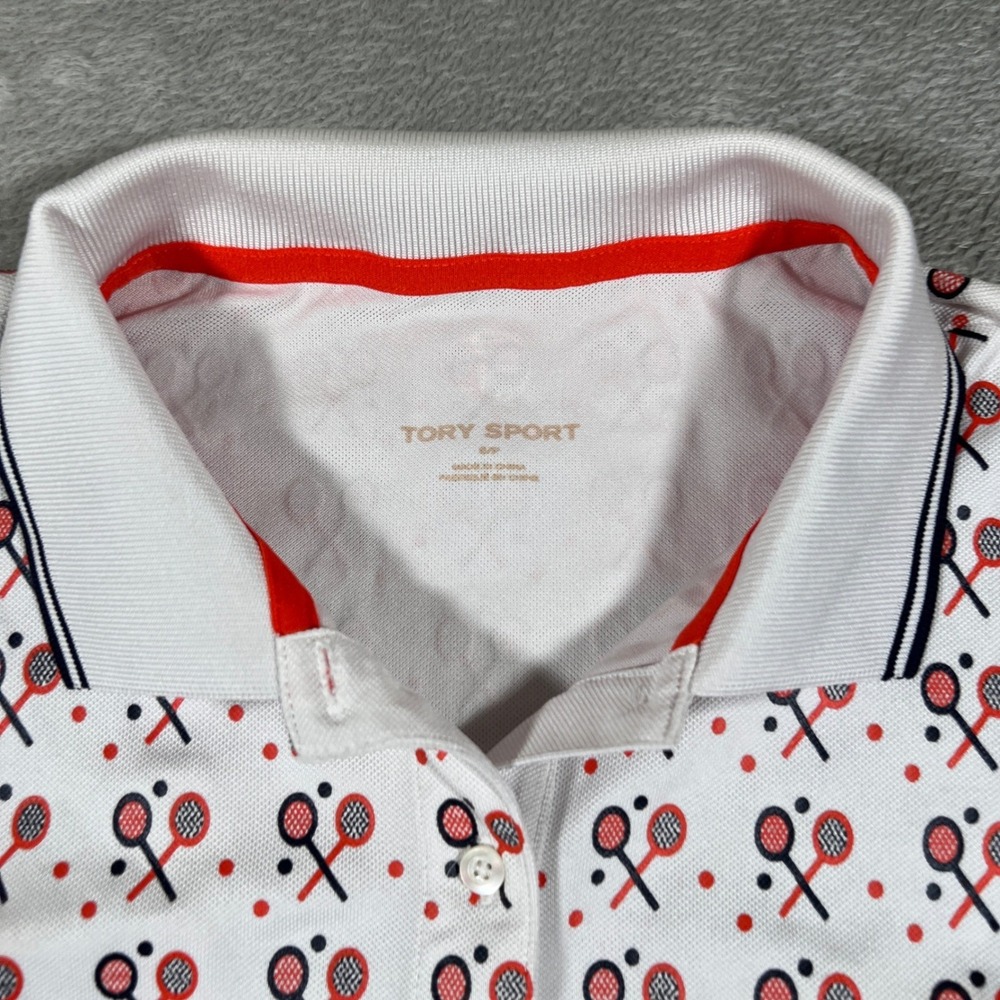 Tory Sport Polo‎ Womens Small White Orange Tennis Golf Sleeveless All Over Print